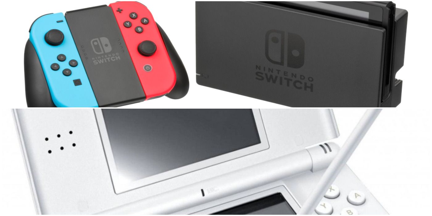 A collage of close up pictures of the Nintendo Switch and DS