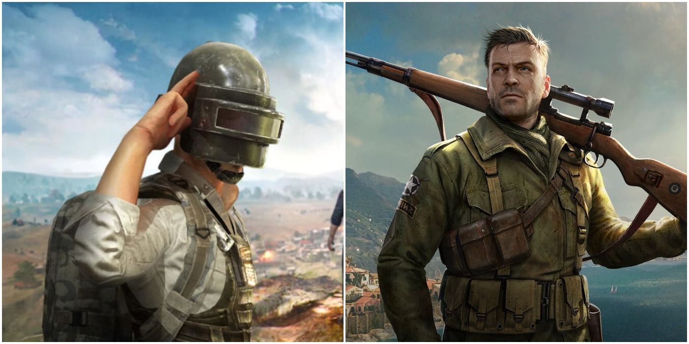PUBG's welding mask character saluting and standing by the protagonist of Sniper Elite 4