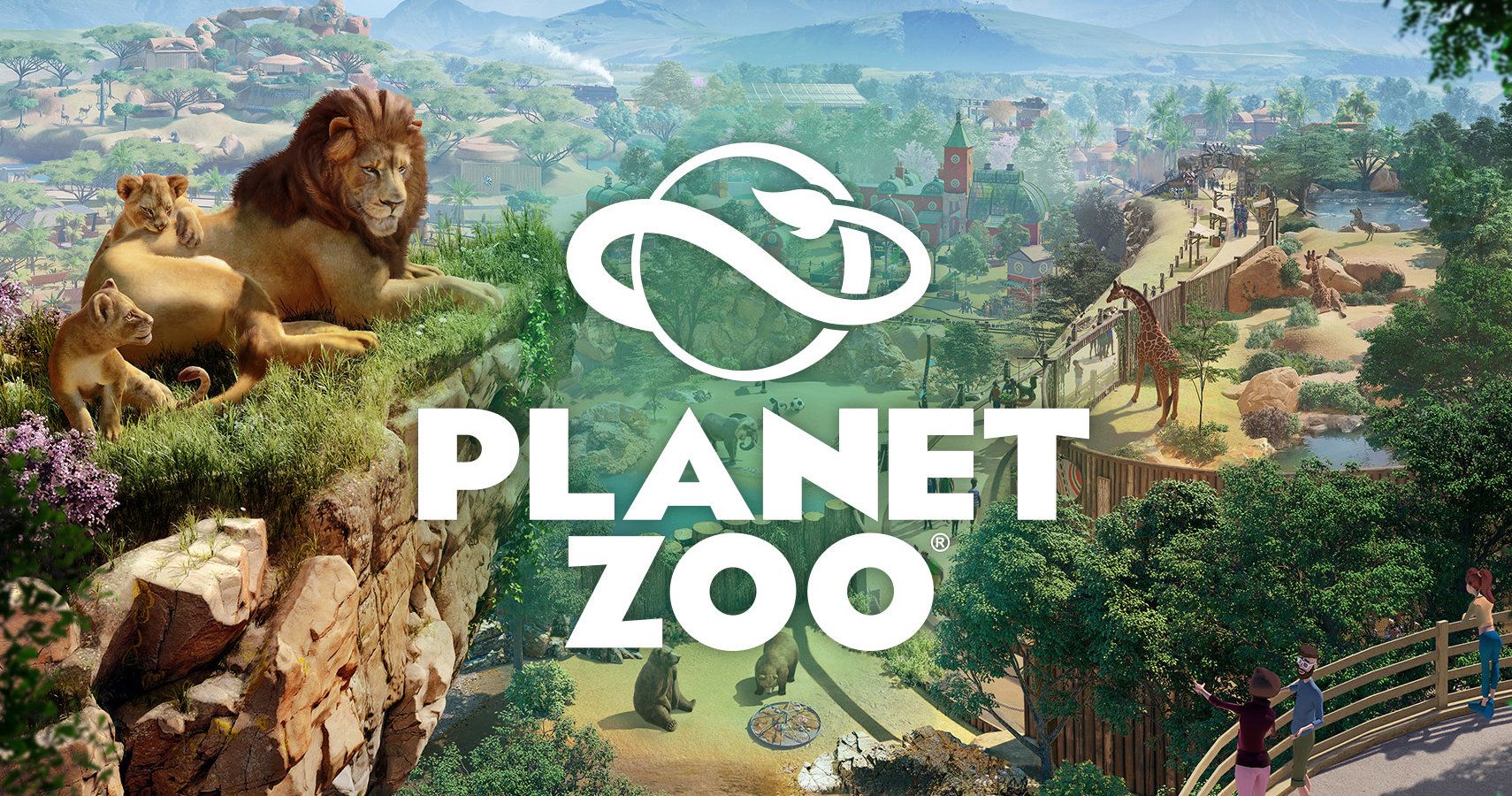 Planet Zoo logo on an image of a zoo.