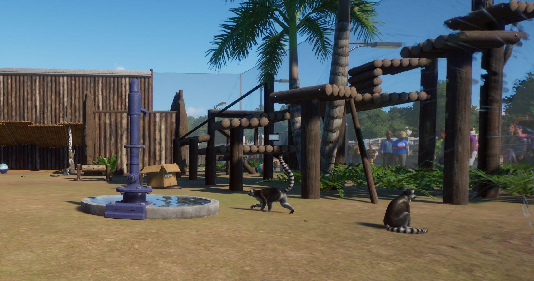 The view inside a lemur exhibit showing a lemur and climbing frame as well as a water pipe.