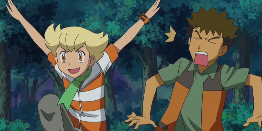 Barry flapping his arms like a bird while Brock becomes distressed from the Pokemon anime