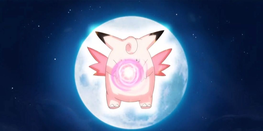 Clefable using Moonblast in the Pokemon anime among the night sky