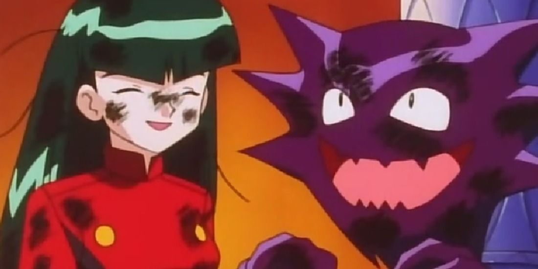 Sabrina and her comical Haunter laughing in the Pokemon anime
