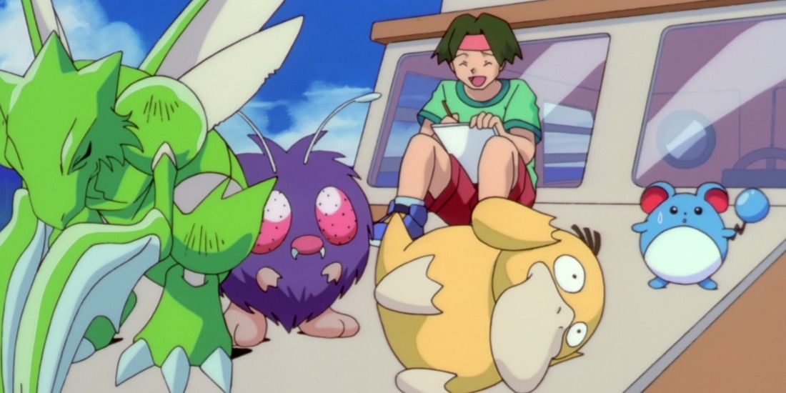 Tracey drawing a variety of his and his friends Pokemon on a boat from the Pokemon anime