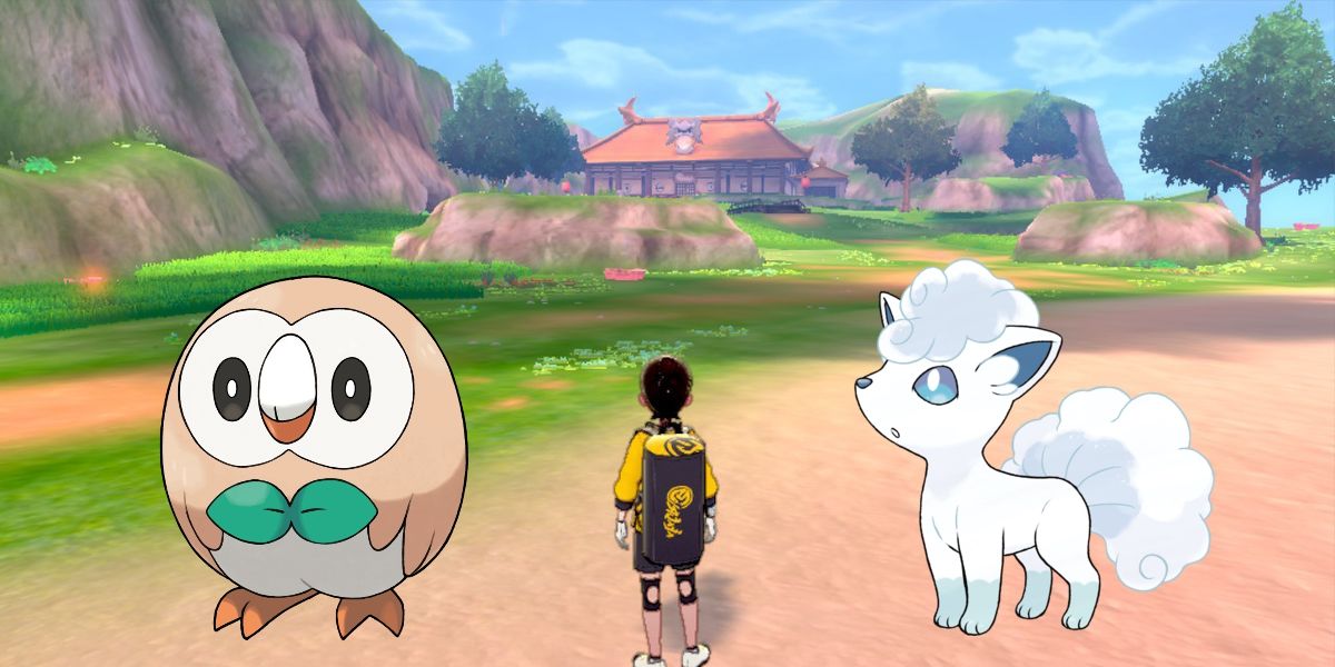 A screenshot of a player in Pokemon sword and shield walking through the Fields of Honor. Photoshopped on top of it is official art for Rowlett and Alolan Vulpix.
