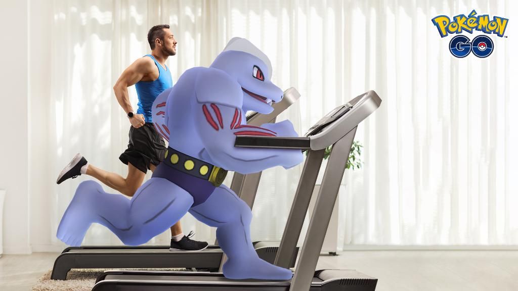 Pokemon Go Exercise Post with runner and machoke on treadmills