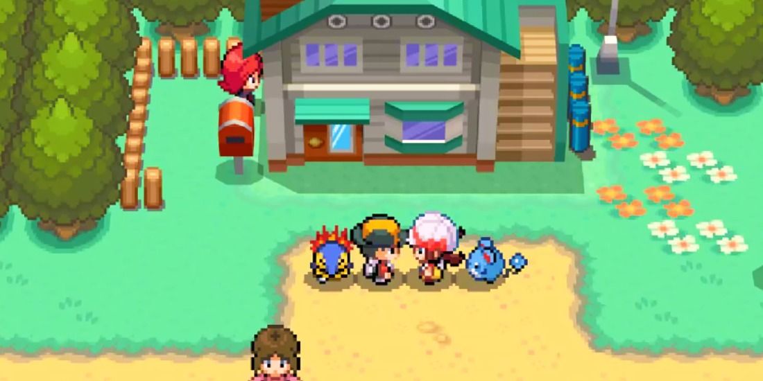 Pokemon SoulSilver - Ethan, Lyra, Cyndaquill, And Marill Meeting In New Bark Town