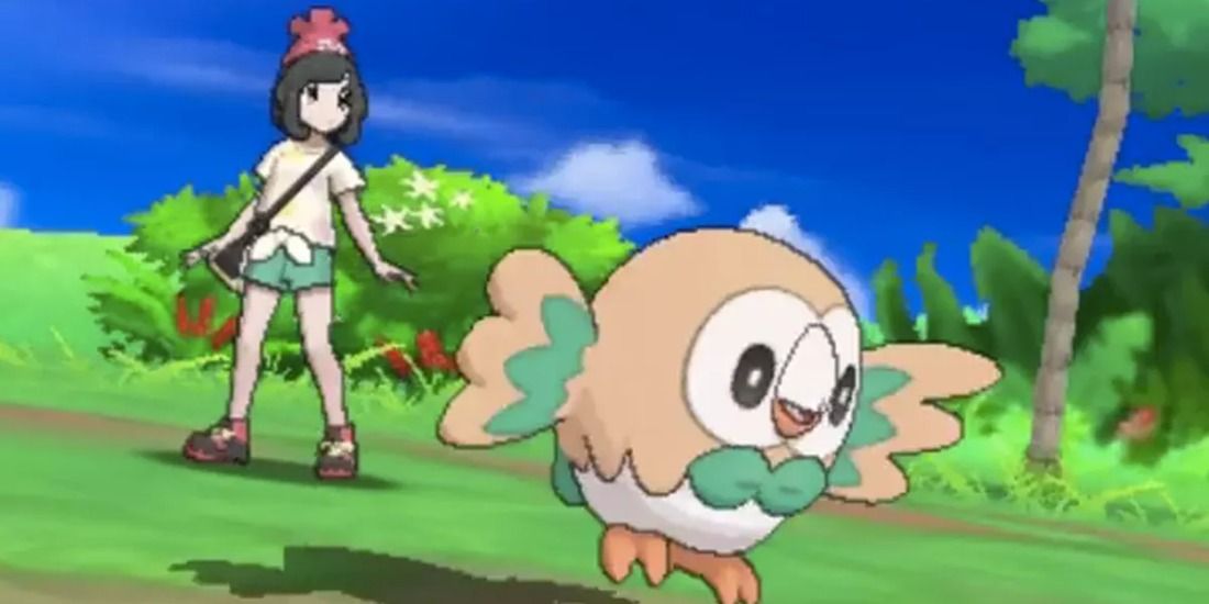 Rowlet being sent out by a trainer in Pokemon Sun & Moon