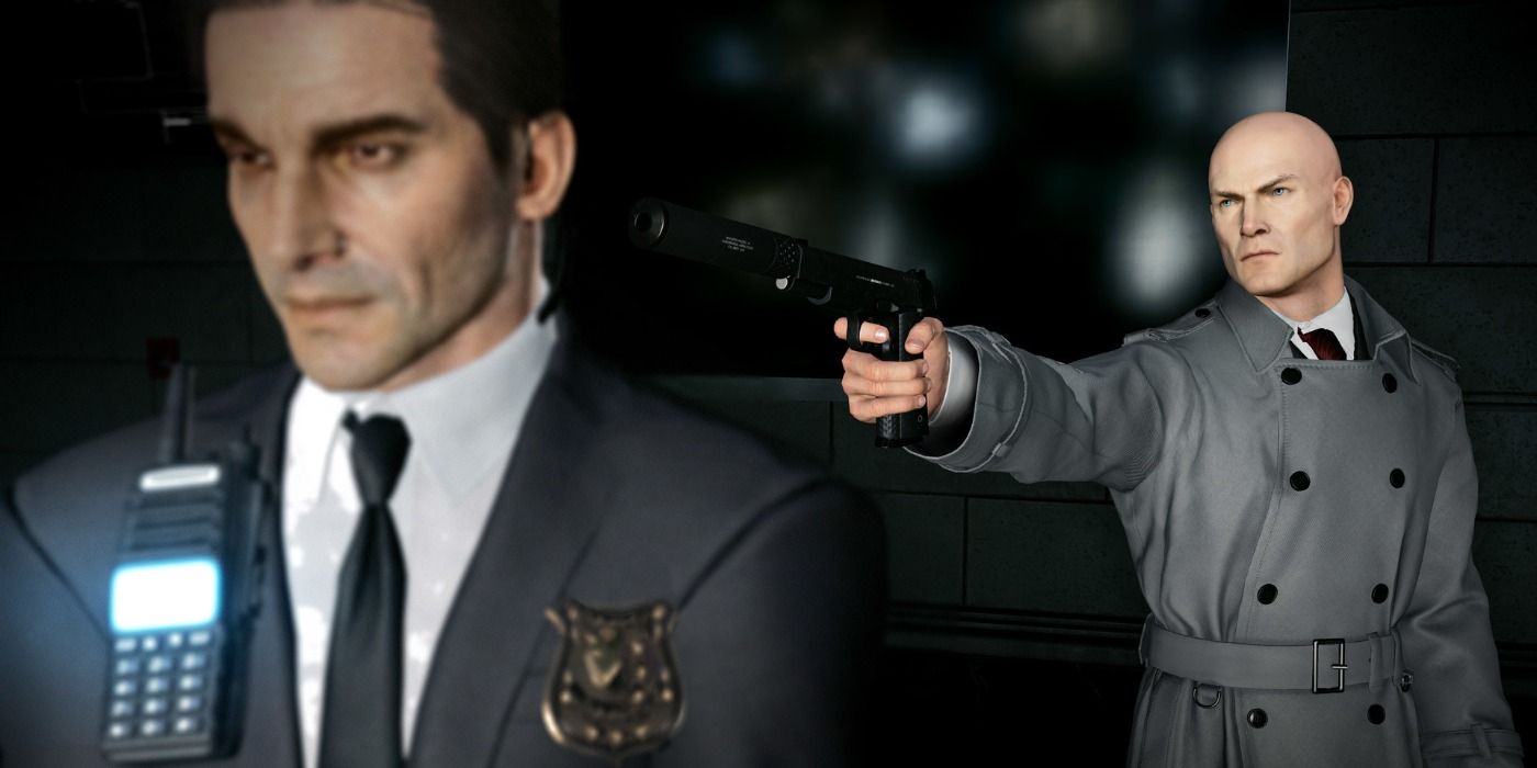 agent 47 pointing a gun at a security guard's head