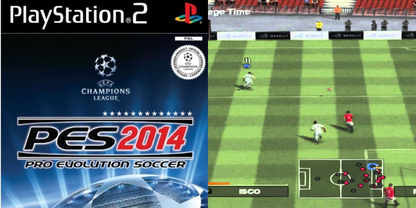 Pro Evolution Soccer 2014 PS2 box art playing on grassy field with map