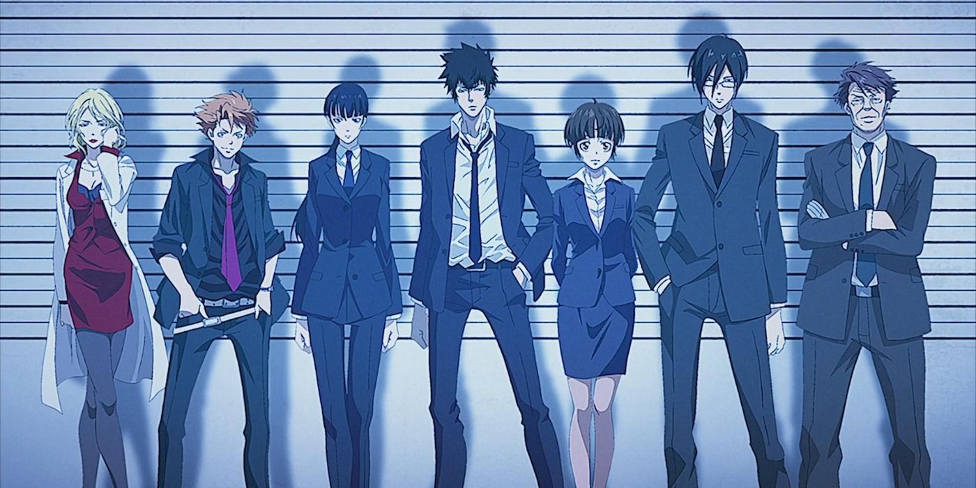 Cast of Psycho Pass lined up against a wall
