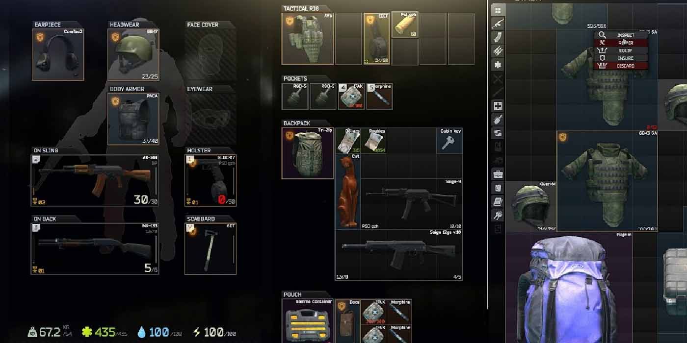 Escape from Tarkov for the PC. Inventory screen.