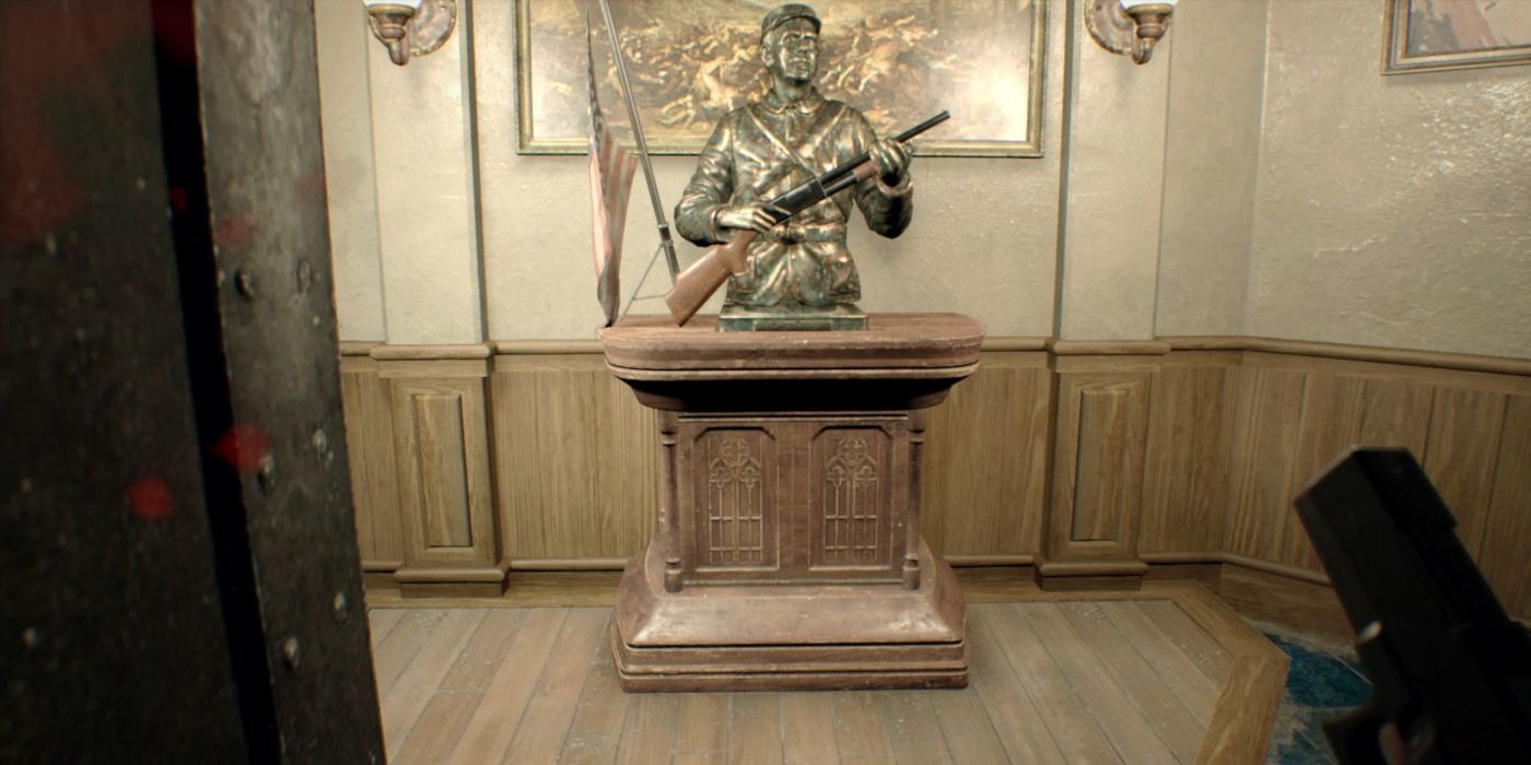 Resident Evil 7 Screenshot Statue With M37 Shotgun
