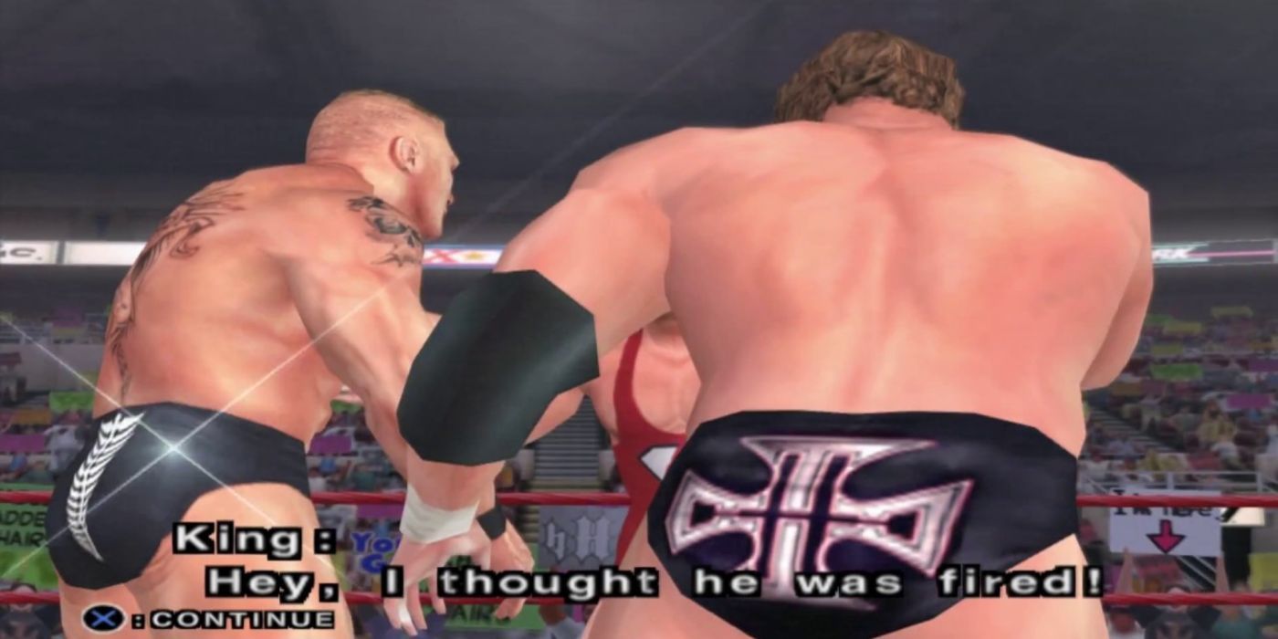 Brock Lesnar (left) fights Triple H (right) and Kurt Angle in Smackdown: Shut Your Mouth