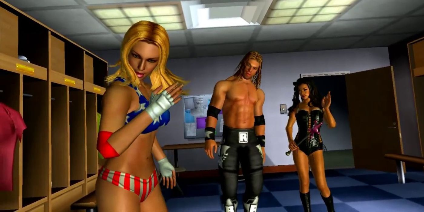 The player as a girl that was made so by Candice Michelle (right) as Edge (middle) looks on
