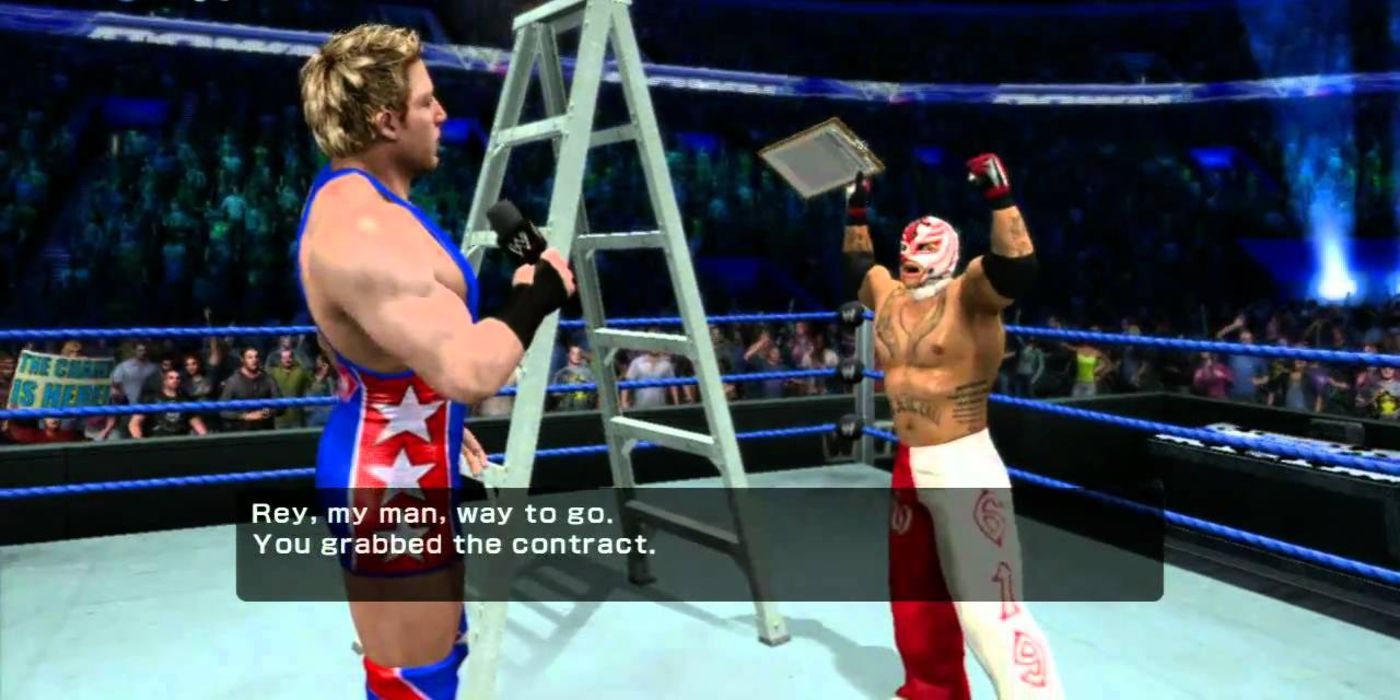 Jack Swagger congratulates Rey Mysterio in the latters Road to WrestleMania mode in SD vs. Raw 2011