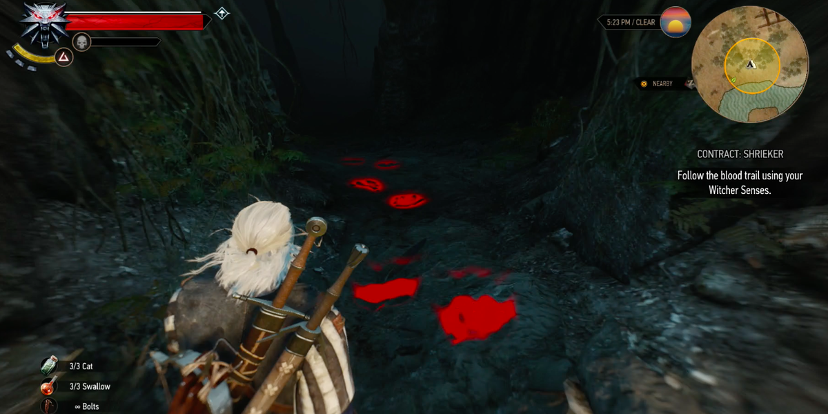 Geralt exploring a cave using his witcher senses
