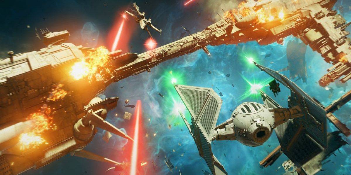 A promotional image for Star Wars Squadrons, featuring a TIE interceptor and an X-wing