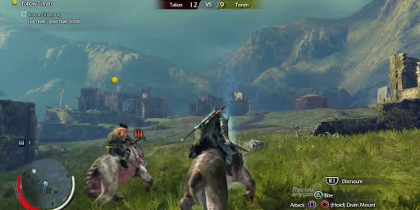 The PS3 version of Shadow of Mordor, protagonist Talion riding a horse with an ally