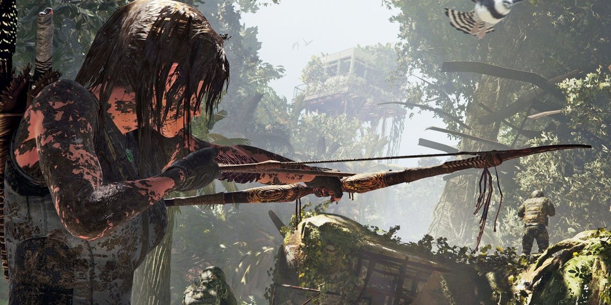 Lara Croft killing someone with a bow