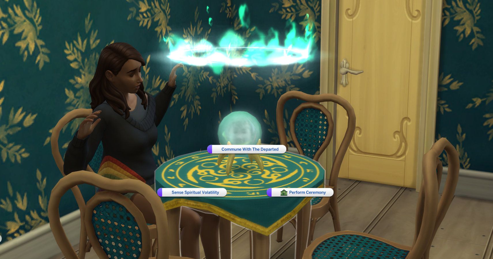 Image shows the early options at a seance table where a Sim sits down.