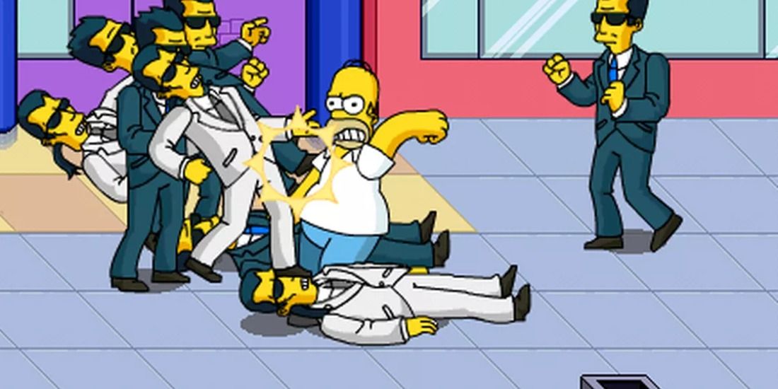 Homer flailing his arms at random businessmen clones in the Simpsons Arcade for iOS