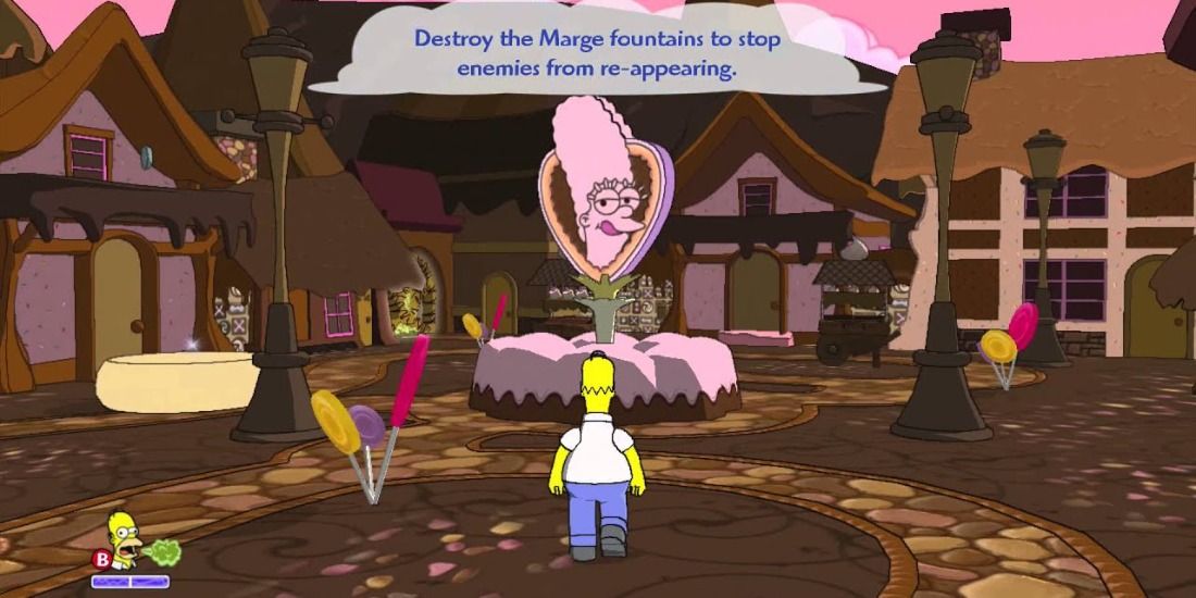 Homer staring at the Marge Fountain in Chocolate Land in The Simpsons Game