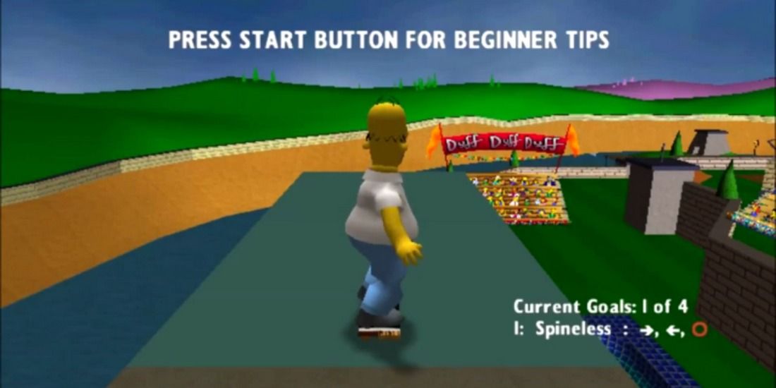 A terrible screenshot of Simpsons Skateboarding with Homer on a cliff