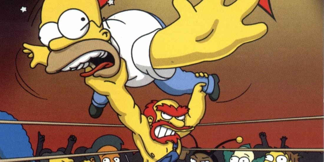 Groundskeeper Willie spinning Homer in Simpsons Wrestling