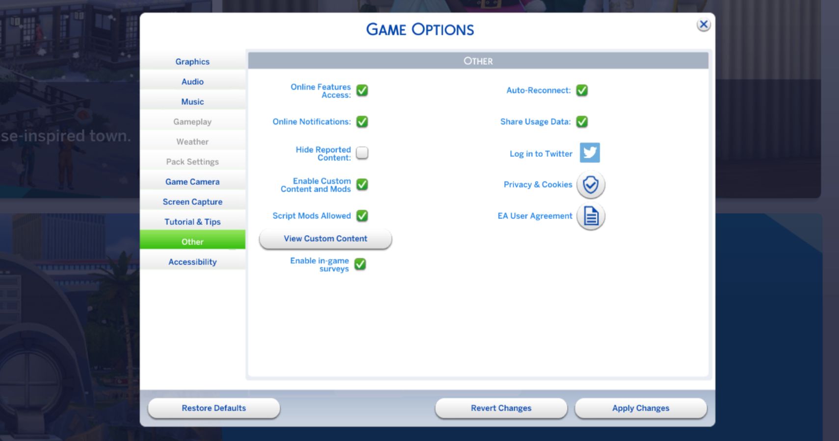 the in game menu for the sims 4 game options for mods.