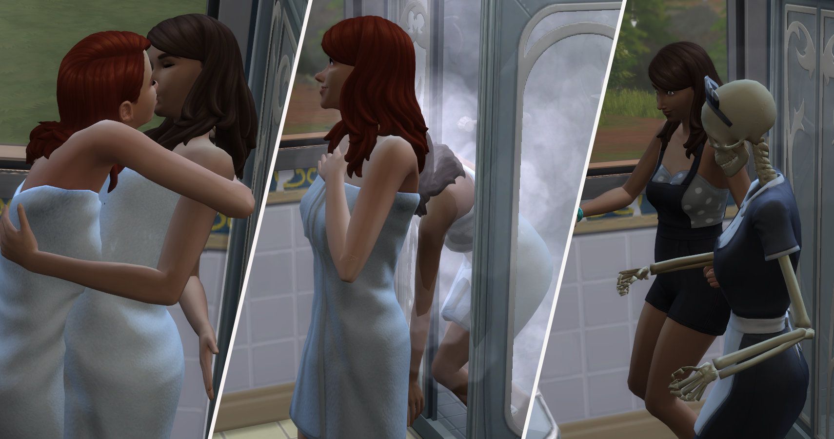 Three split image fo Bonehilda turning into a sim and back during shower woohoo.