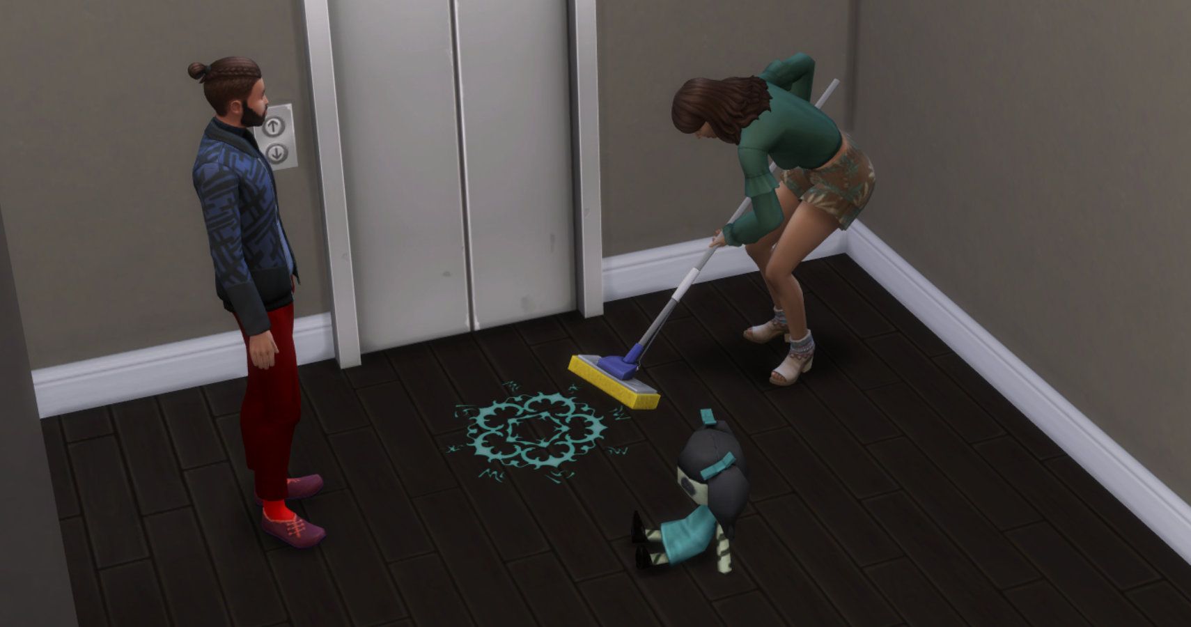 Cleaning up the hallway in San Myshuno.