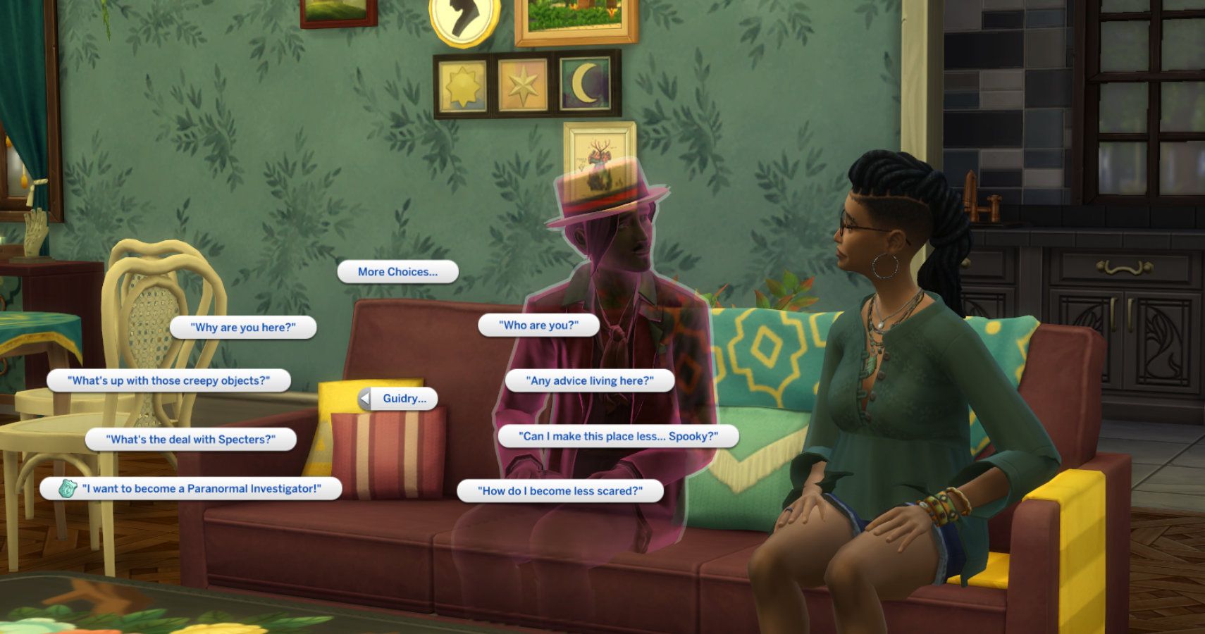 Guidrys options menu shown as a Sim chats to him.