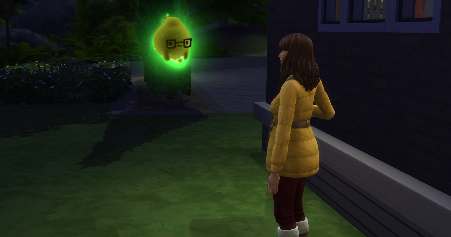 a cute nerdy ghost in the garden talking to a sim.