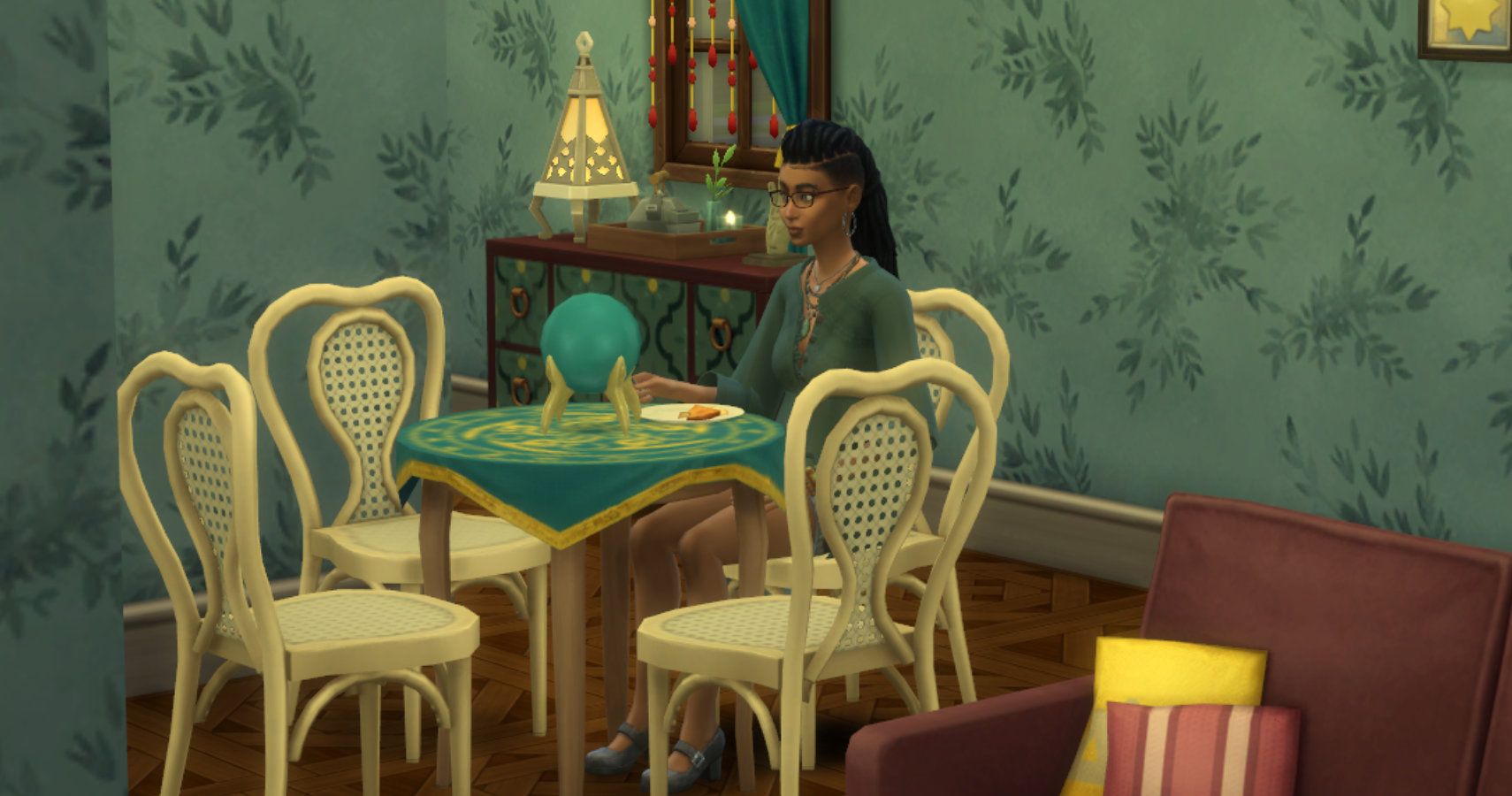 A sim eating from ther seance table.