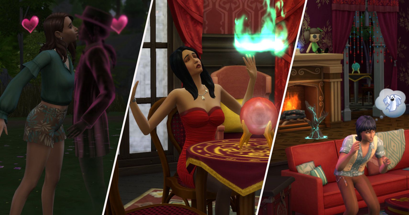 split image. Sim kissing guidry, bella goth using a seance table, sim thinking about ghosts.