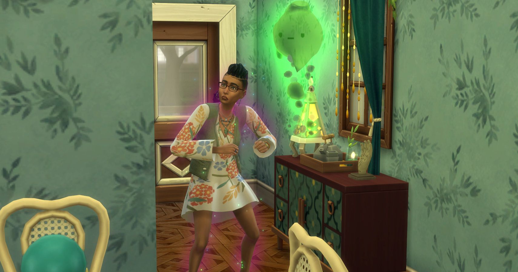A terrified Sim freaking out abut a specter in front of her.