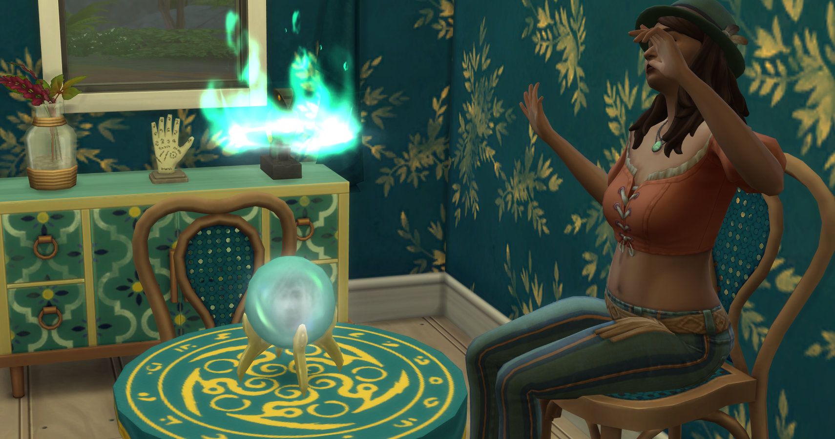 A sim conducting a seance in a small room.