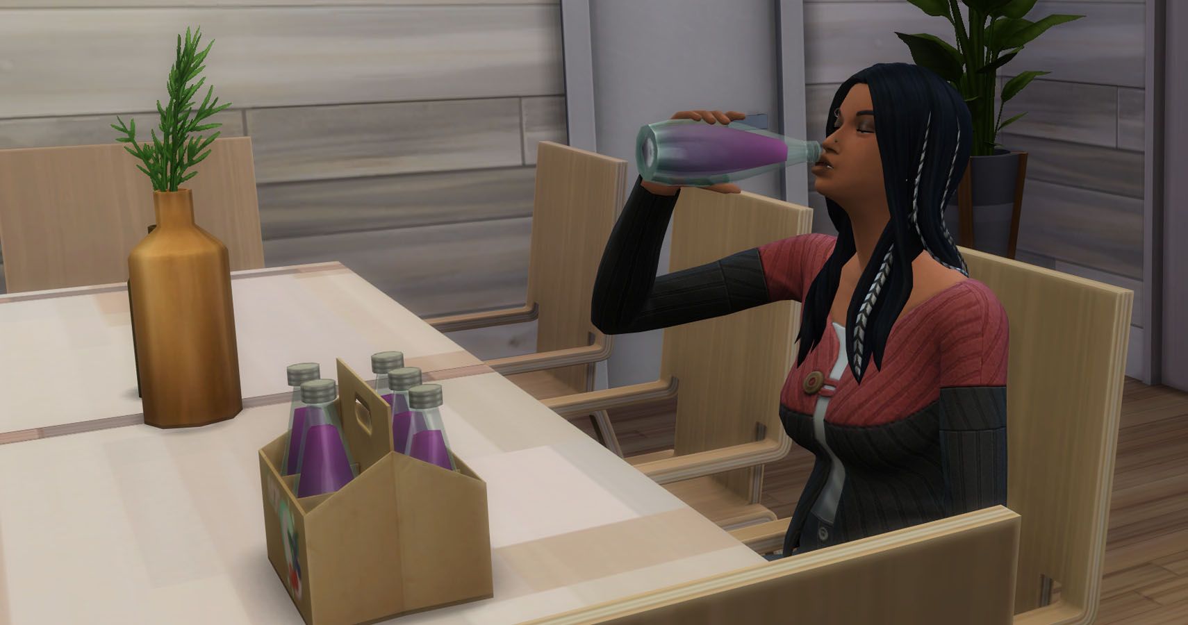 A sim drinking grape juice.