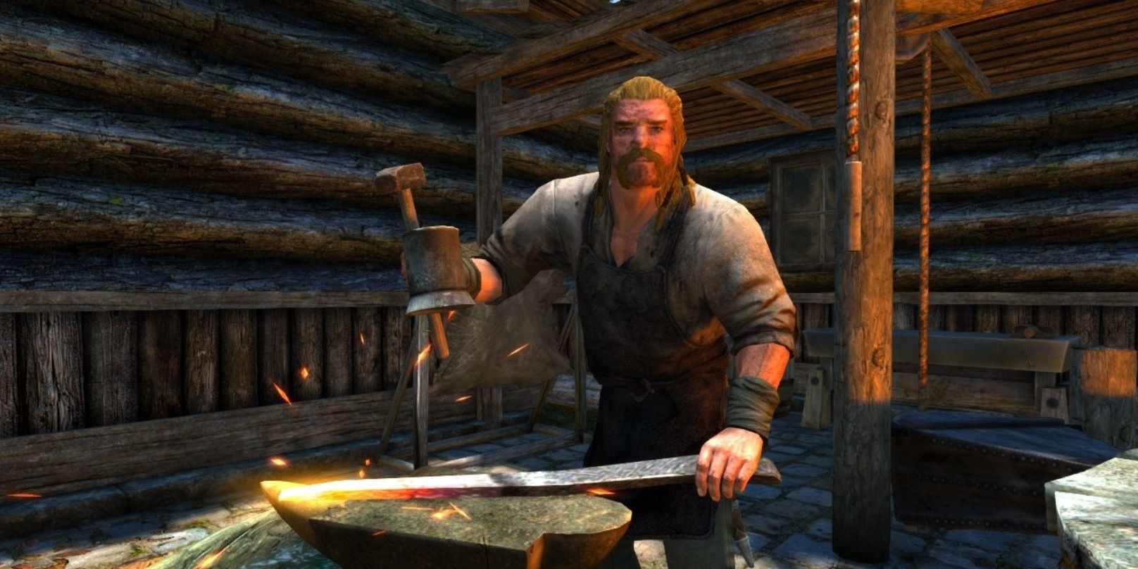 A blacksmith hammers a piece of metal while speaking to a customer.