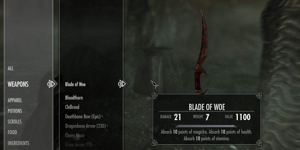 Skyrim Blade Of Woe In Equipment Menu