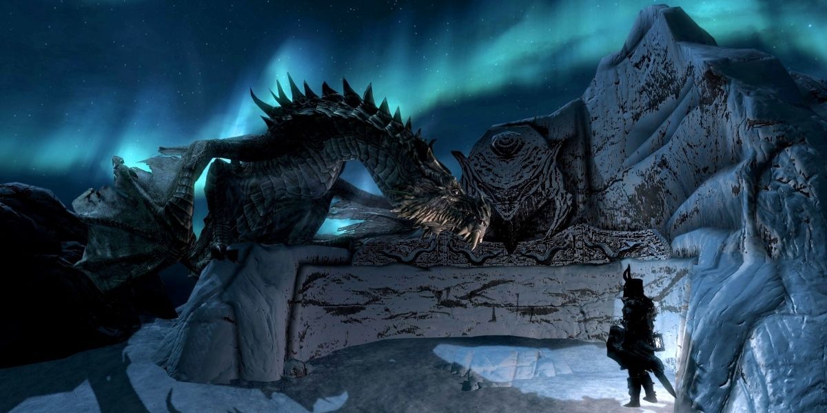 The dragon Paarthurnax sitting atop the Throat Of The World