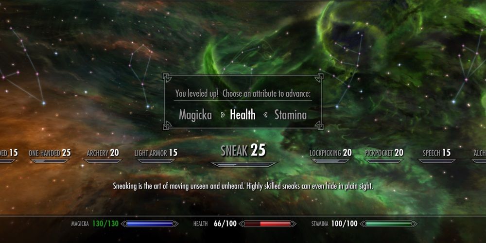 Skyrim: An image of the skill tree screen with Health chosen in the level up bar