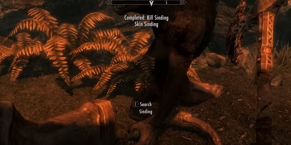 Sinding's corpse ready to be skinned in Skyrim