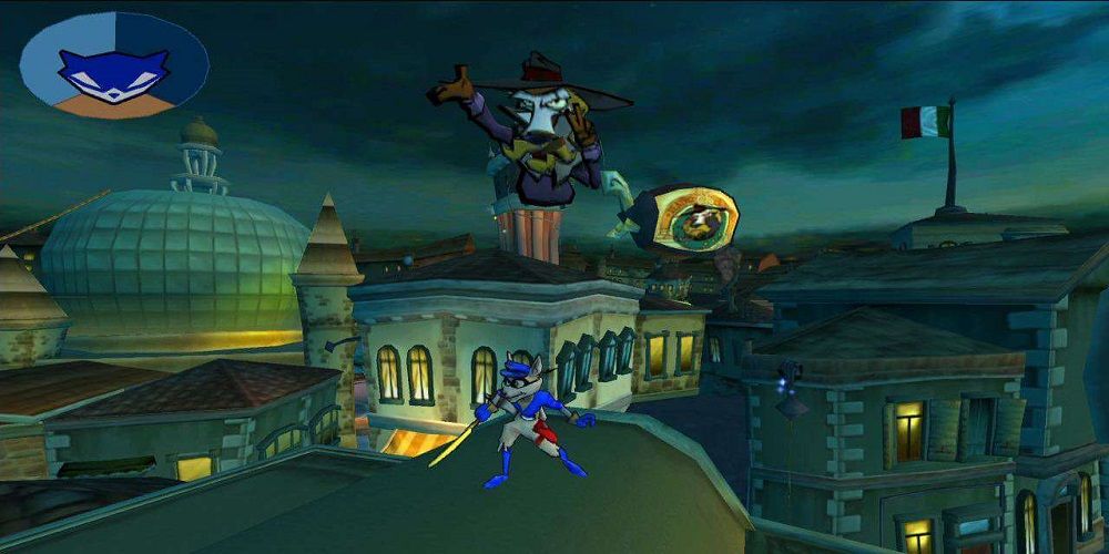 Sly Cooper running around the rooftops of a city