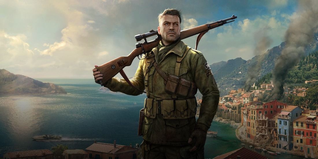 The protagonist of Sniper Elite 4 standing over Italy