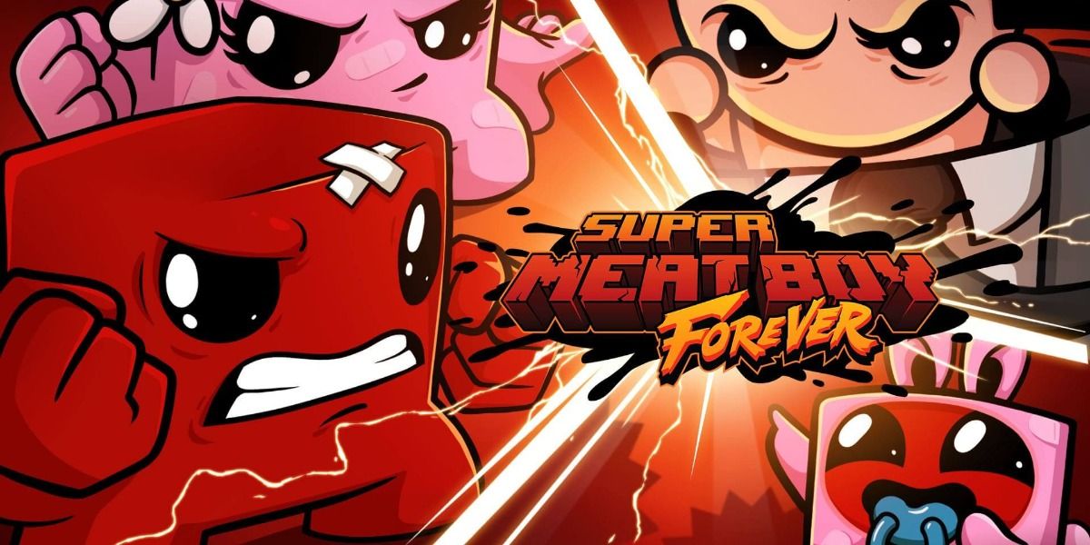 The splash art for Super Meat Boy Forever of all the characters clashing