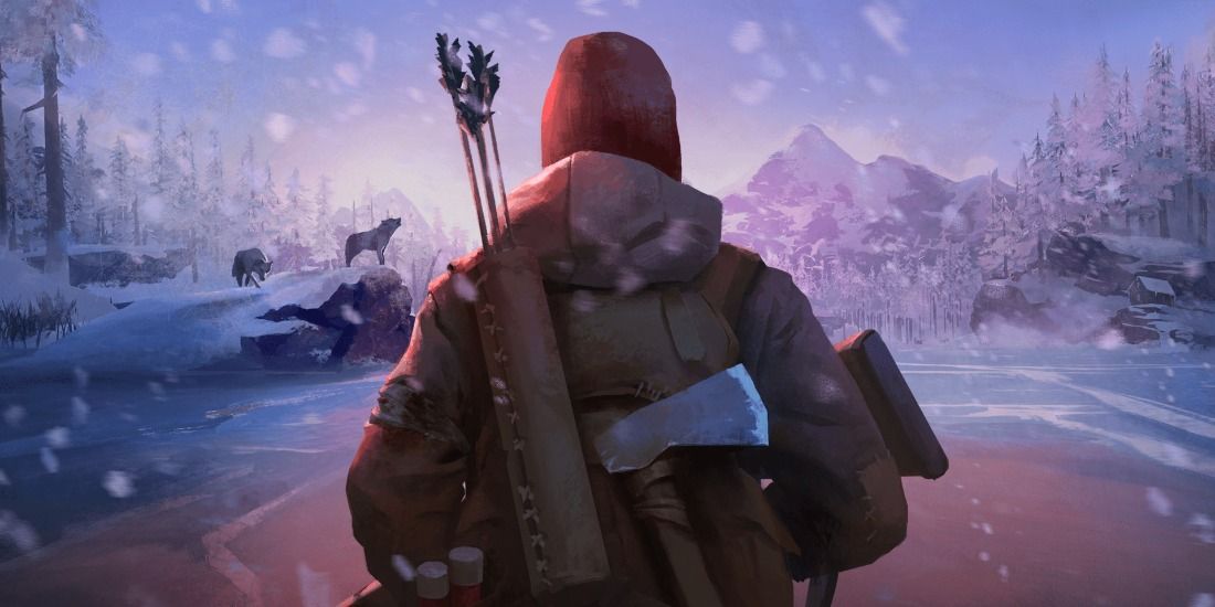 Cover art of the protagonist walking towards wolves in a wintery landscape in The Long Dark