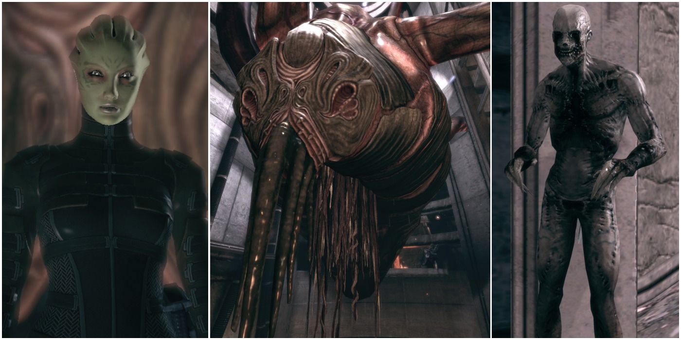 images of Shiala, the Thorian, and creepers from Mass Effect 1