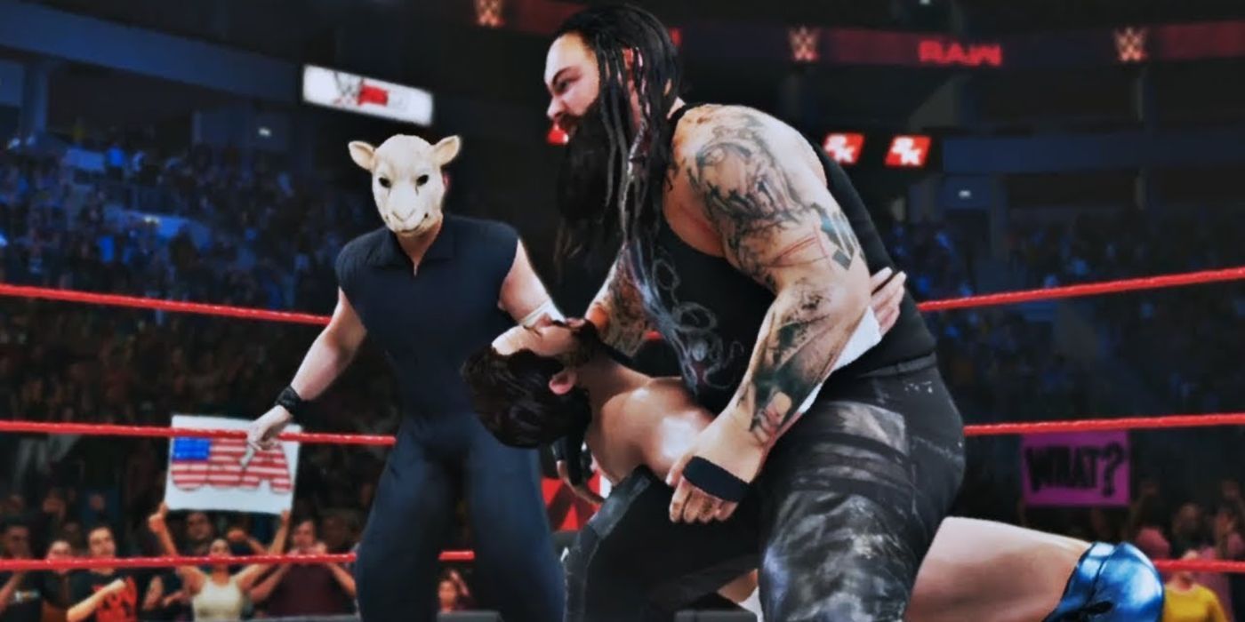 Bray Wyatt prepares to hit sister Abigail on the player as Erik Rowan looks on in WWE 2k19's career mode